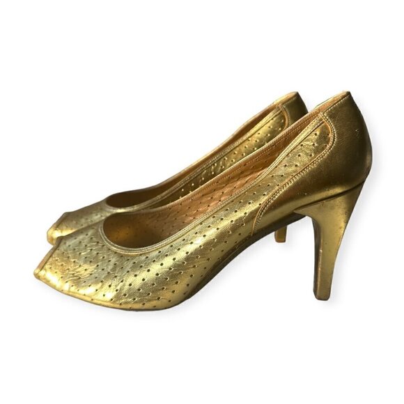 Vintage Christian Dior Souliers France  Gold Open Toe‎ Pumps, Size 6 1/2 B - Picture 6 of 15